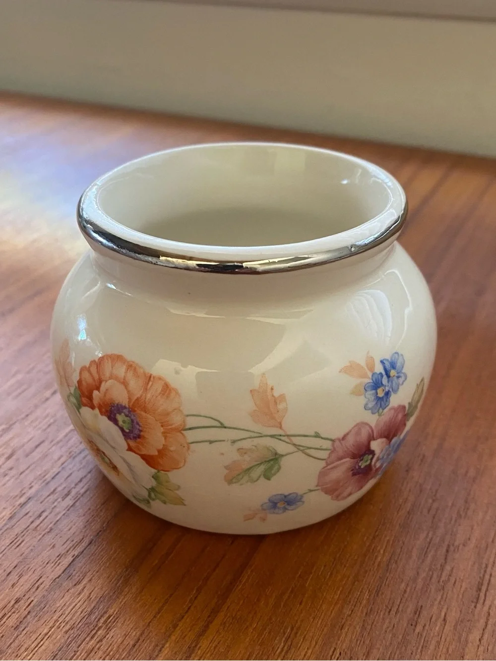 Vintage Vase Ramekin Harker Pottery Oven Safe Floral Jar with Silver Rim